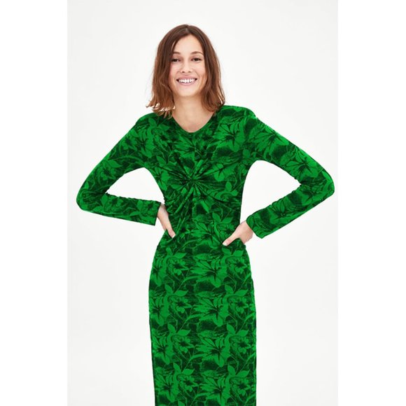 Zara Dresses & Skirts - Zara Floral Midi Dress with Shoulder Pads Green L